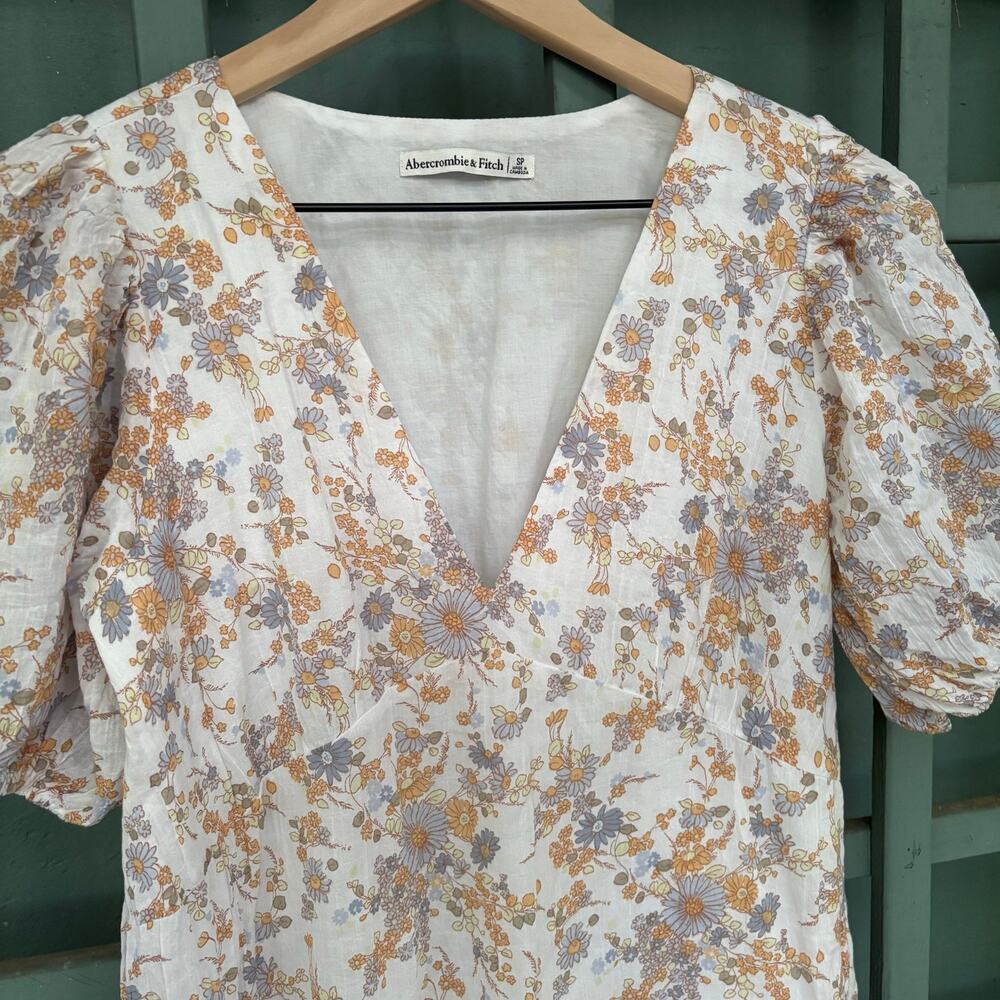 Abercrombie & Fitch Floral Puff Sleeve Cotton Mini Dress S Cottage Milkmaid - Picture 2 of 6